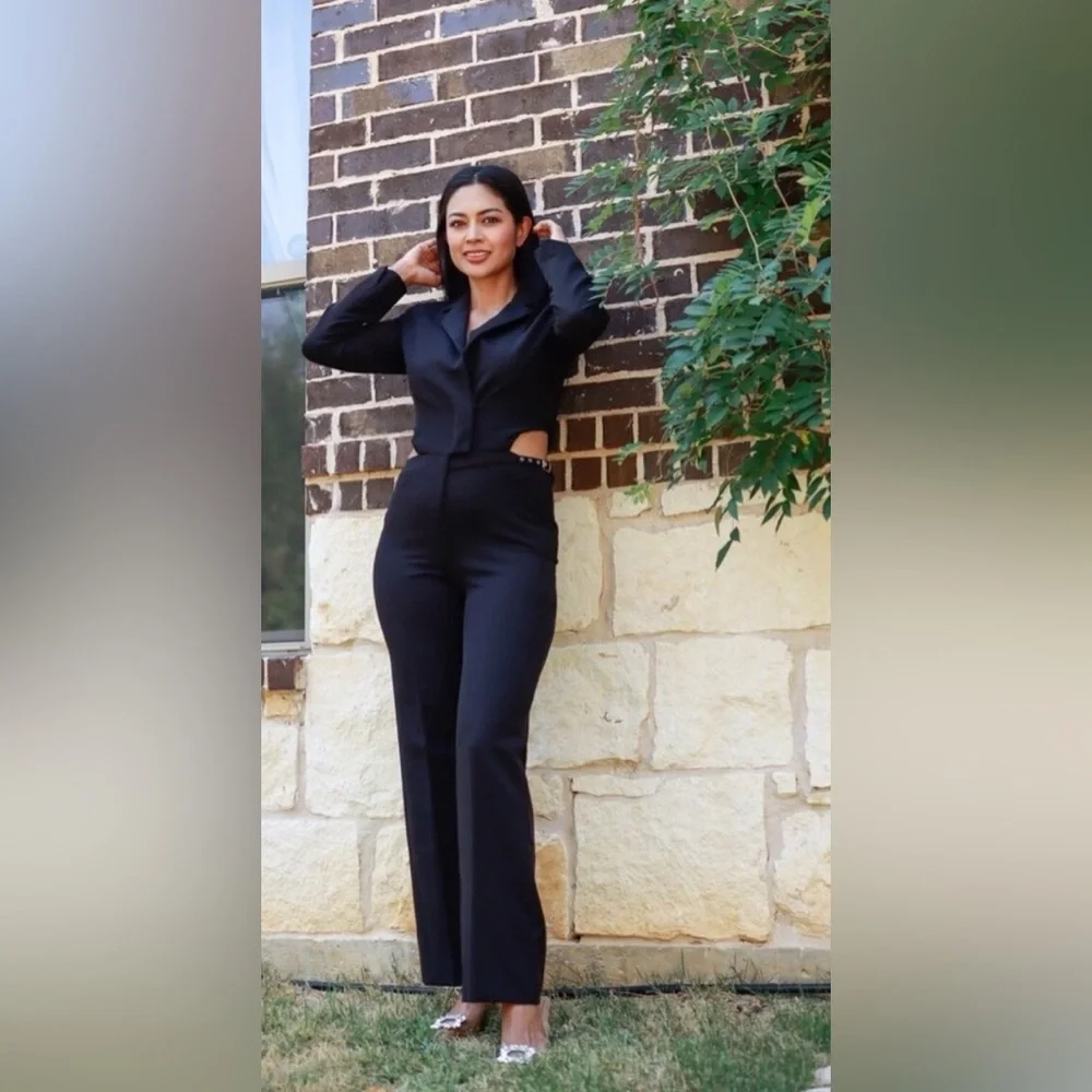 ZARA ~ BLACK CUT-OUT FULL LENGTH JUMPSUIT BLAZER - Picture 12 of 15